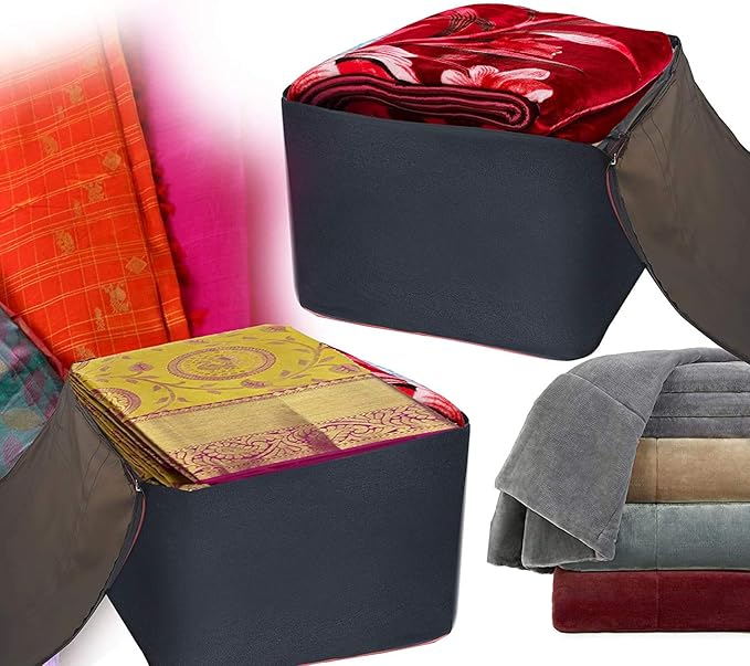 UrbanNest | Nylon Big Moisture Proof Underbed Storage Bag For Clothes Large (54 x 46 x 28 cm) - Black Rectangular